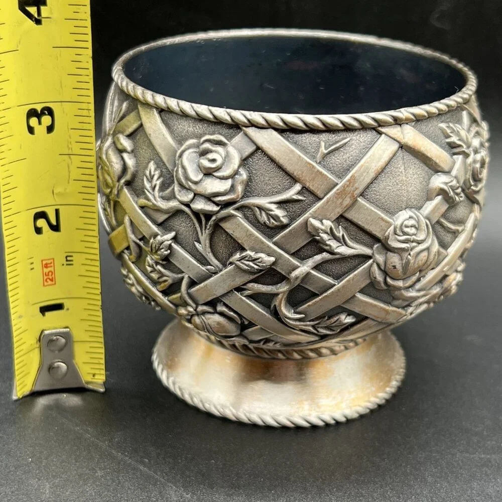 Vintage Pewter Trinket Dish Vase Intricate Trellis Climbing Rose Basket Weaved